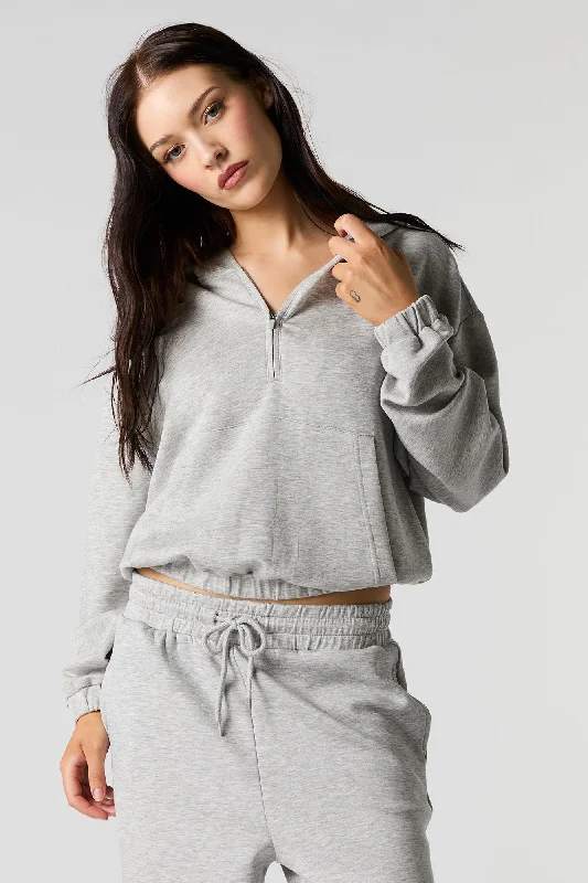Active Quarter Zip Cinched Fleece Hoodie Hoodie with Hem Fringe Bohemian Relaxed