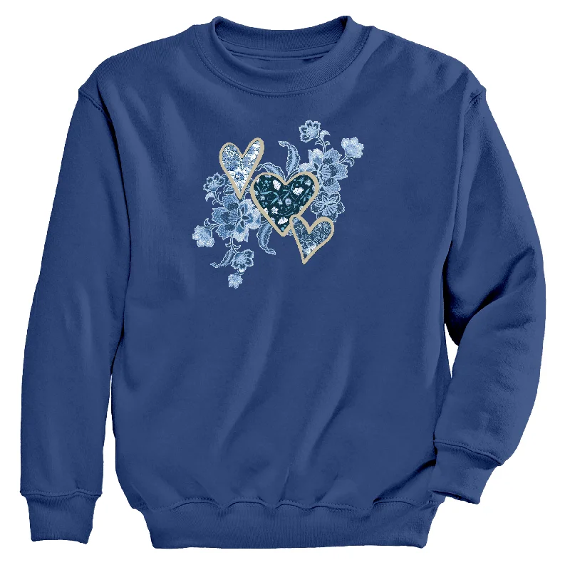 Denim Hearts Women's Crew Neck Sweatshirt Hoodie with Hem Contrast Bold Stylish