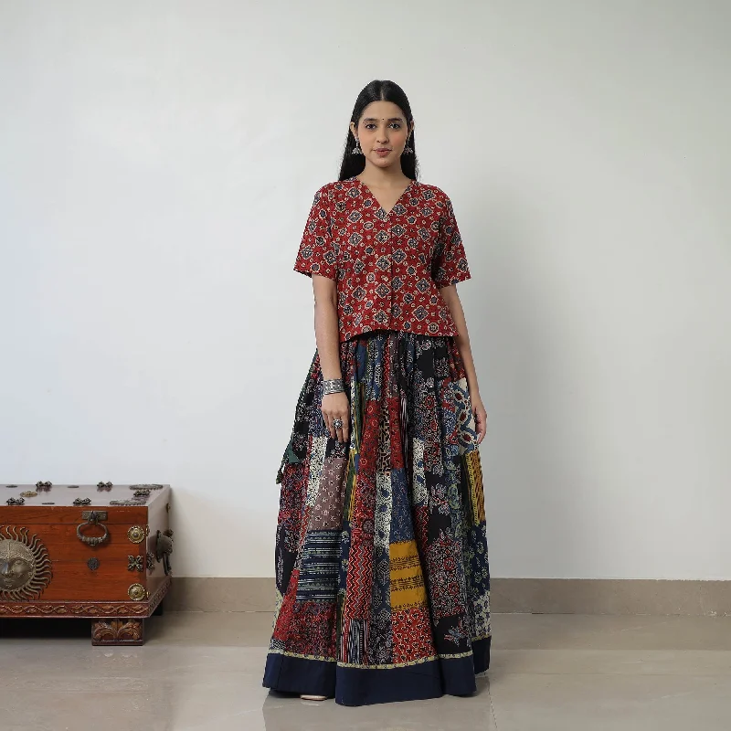 Multicolor - 24 Kali Patchwork Block Printed Cotton Ajrakh Skirt 46 denim skirt classic