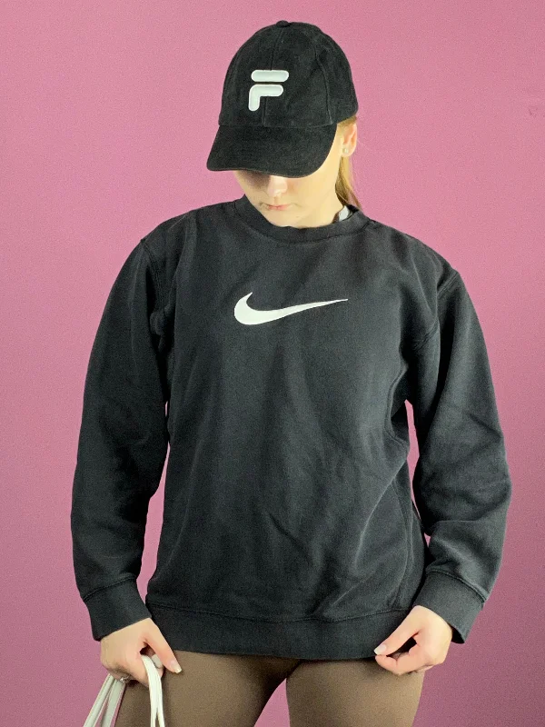 90s Nike Vintage Women's Big Logo Sweatshirt - S Black Cotton Blend Hoodie with Batwing Sleeves Loose Dramatic 90s Nike Vintage Women's Big Logo Sweatshirt - S Black Cotton Blend Hoodie with Batwing Sleeves Loose Dramatic