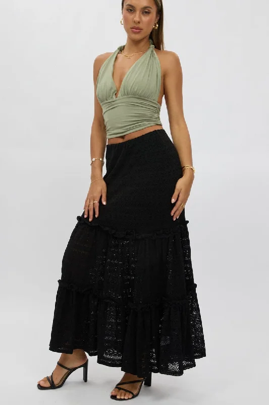 Black Lace Maxi Skirt Elastic Waist Tiered Lined patchwork skirt art