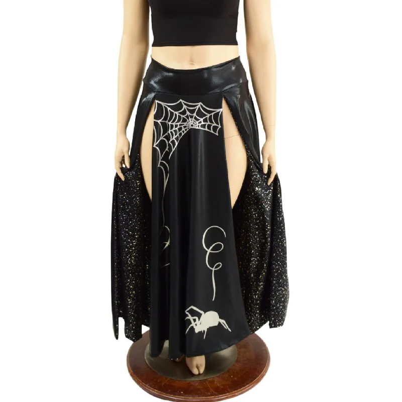 Black Mystique Double Split Skirt with Silver Spider and Star Noir Lining chiffon skirt airy Black Mystique Double Split Skirt with Silver Spider and Star Noir Lining chiffon skirt airy