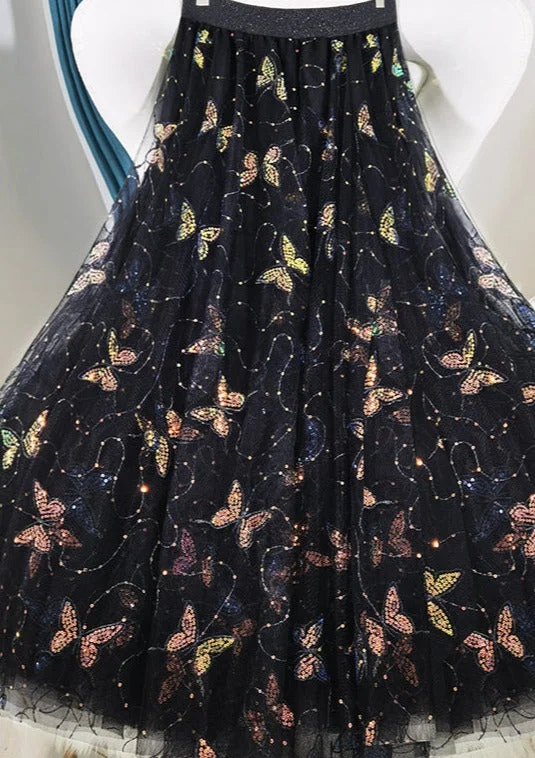 Casual Black Embroidery Butterfly Sequins tulle Summer Skirts leather skirt bold