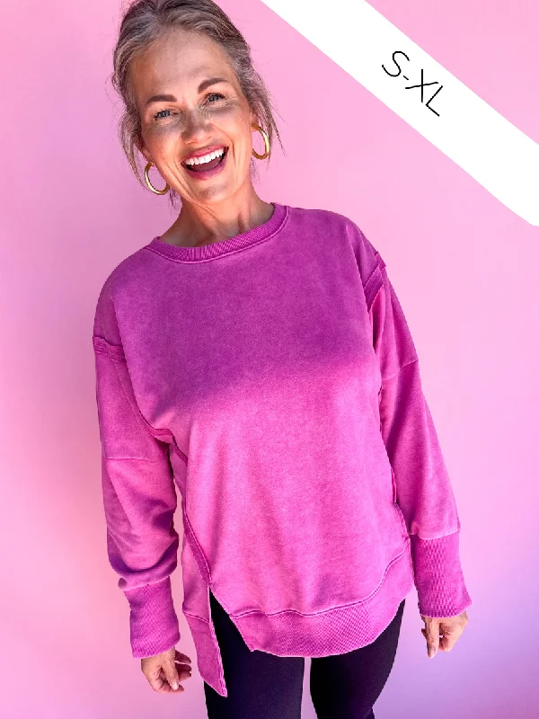 Casual Meetup Sweatshirt - Magenta Hoodie with Hem Lace Feminine Delicate