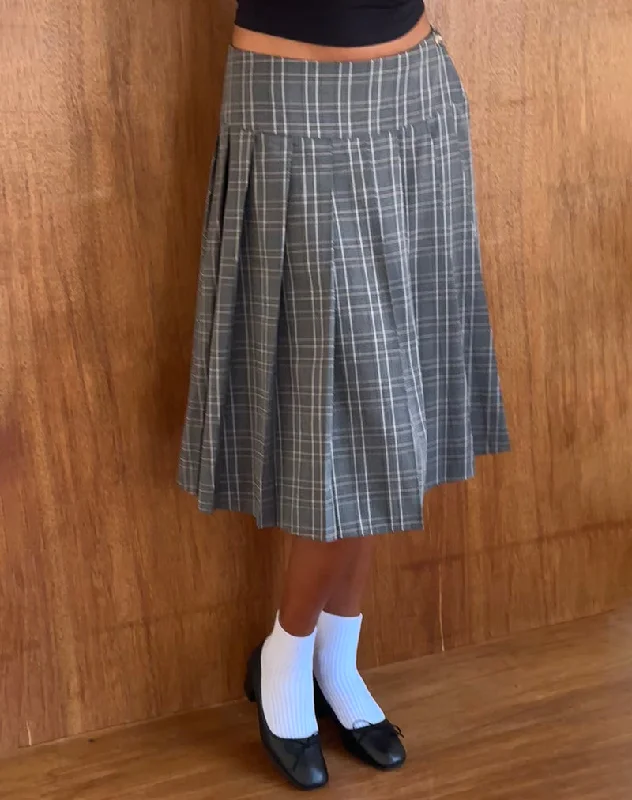 Catelyn Wrap Pleated Midi Skirt in Grey Check casual skirt length