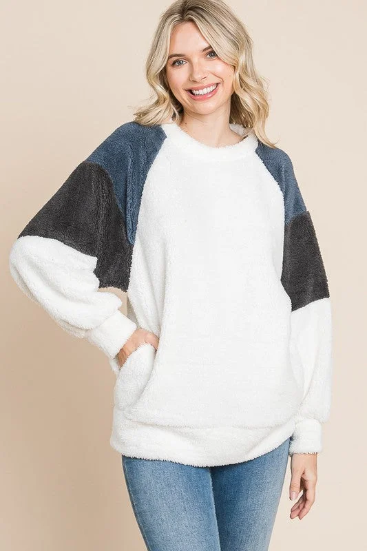 Culture Code Color Block Faux Fur Raglan Sleeve Sweatshirt Hoodie with Ribbed Neckline Snug Warm Culture Code Color Block Faux Fur Raglan Sleeve Sweatshirt Hoodie with Ribbed Neckline Snug Warm