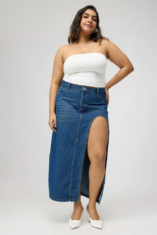 Curve Front Open Slit Blue Midi Skirt denim skirt fashionable