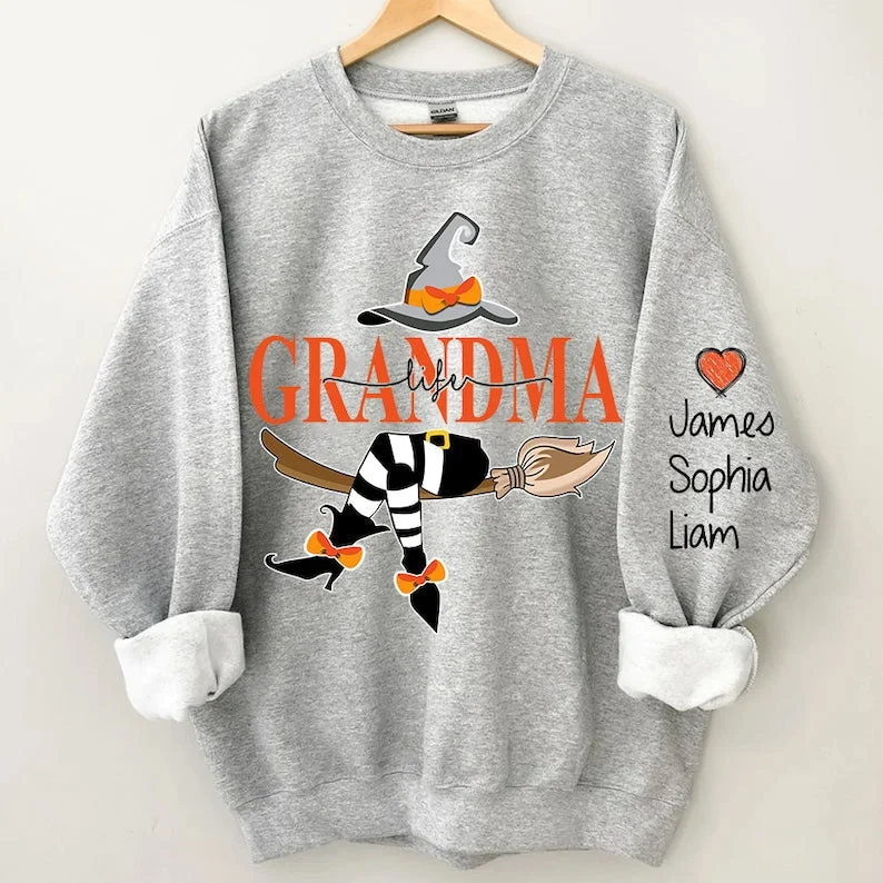 Custom Halloween Grandma Witch Sweatshirt, Grandma And Grandkids Halloween Sweatshirt, Grandma Shirt With Name On Sleeve, Mom Halloween Gift Hoodie with Hem Elastic Stretchable Comfortable Custom Halloween Grandma Witch Sweatshirt, Grandma And Grandkids Halloween Sweatshirt, Grandma Shirt With Name On Sleeve, Mom Halloween Gift Hoodie with Hem Elastic Stretchable Comfortable