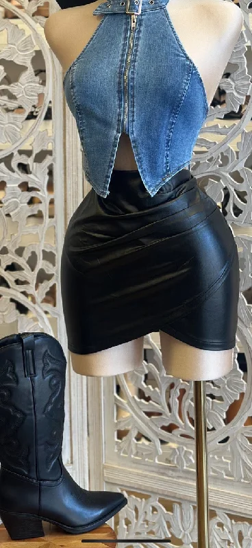 Draped Leather Mini Skirt- Estira, Stretchy lace skirt delicate