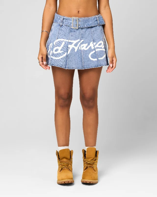 Ed Hardy Women's Pleated Denim Mini Skirt Light Blue Denim lace skirt intricate