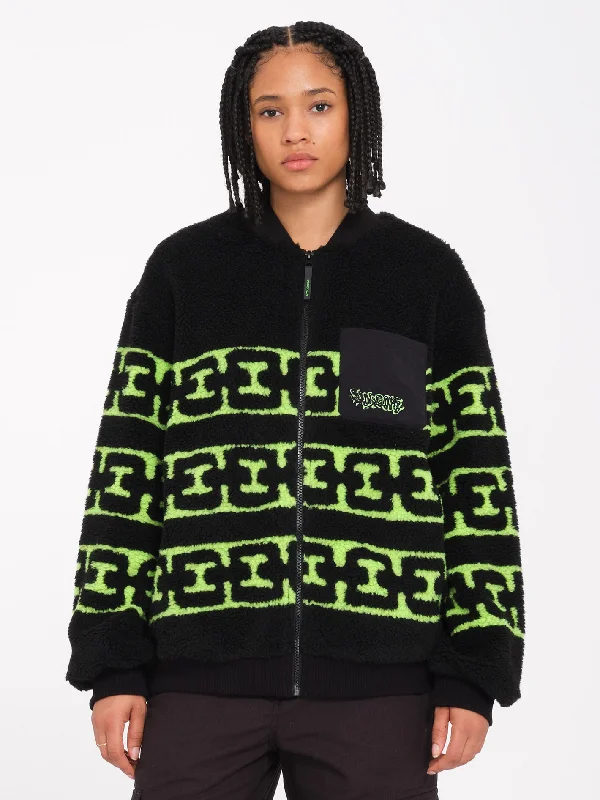 Zephyr Sherpa Zip Sweatshirt - Black Hoodie with Batwing Sleeves Loose Dramatic