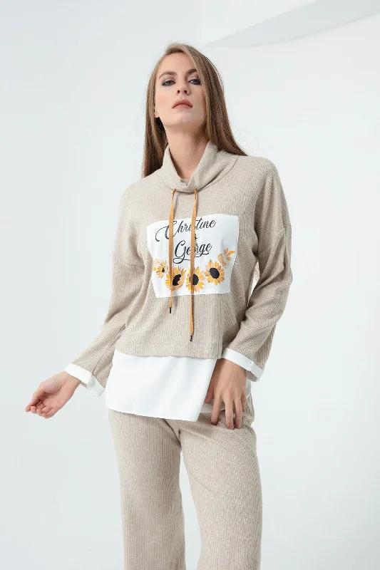 Female Front Printed Knitting Sweatshirt Hoodie with Illustration Artistic Creative