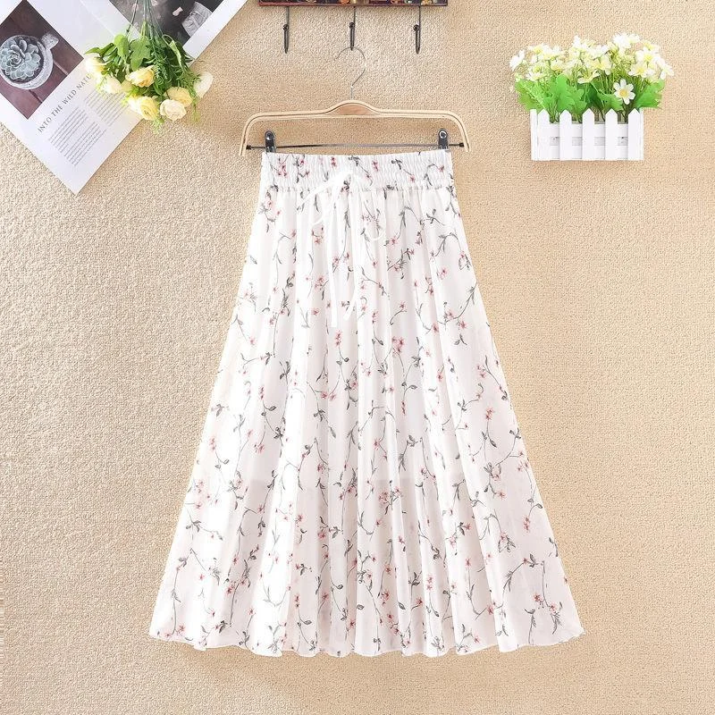 Floral Skirt Women's High Waist Mid-length Summer Fashion Casual Printed Chiffon Skirt chiffon skirt airy