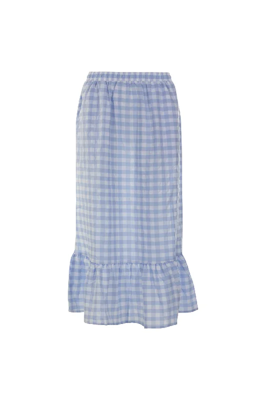 Gingham Skirt with hem frill | Sky/White Big Check | 4077AR cashmere skirt rich
