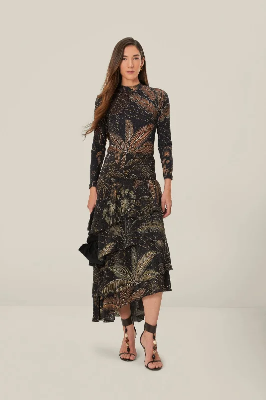 Black Golden Foliage Ruffled Skirt satin skirt smooth