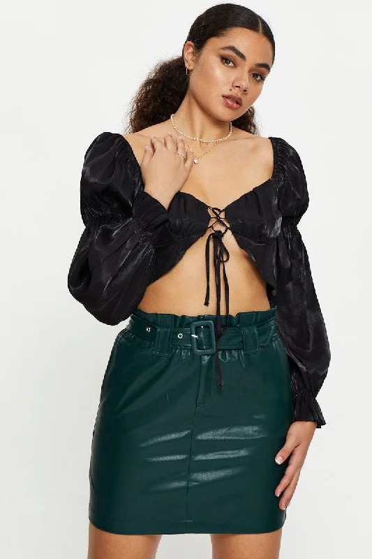 Green Faux Leather Belted Skirt linen skirt breathable