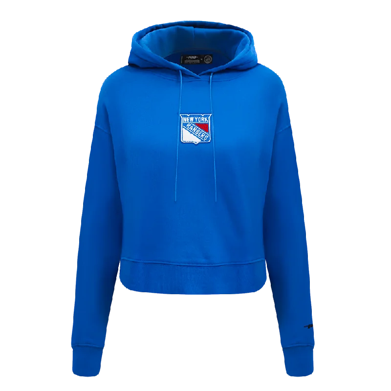 NHL NEW YORK RANGERS CLASSIC WOMEN'S FLC CROPPED PO HOODIE (ROYAL BLUE) Hoodie with Rolled Sleeves Casual Relaxed NHL NEW YORK RANGERS CLASSIC WOMEN'S FLC CROPPED PO HOODIE (ROYAL BLUE) Hoodie with Rolled Sleeves Casual Relaxed