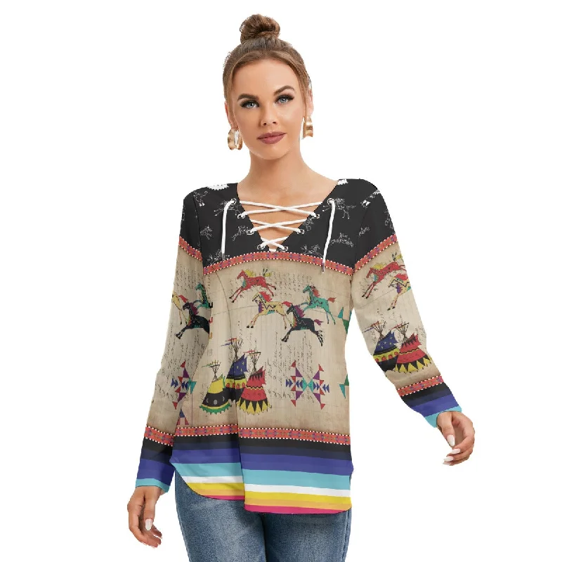 Horses Running Black Sky Women's Long Sleeve Neckline Tie Sweatshirt Hoodie with Contrast Stitching Detailed Premium Horses Running Black Sky Women's Long Sleeve Neckline Tie Sweatshirt Hoodie with Contrast Stitching Detailed Premium