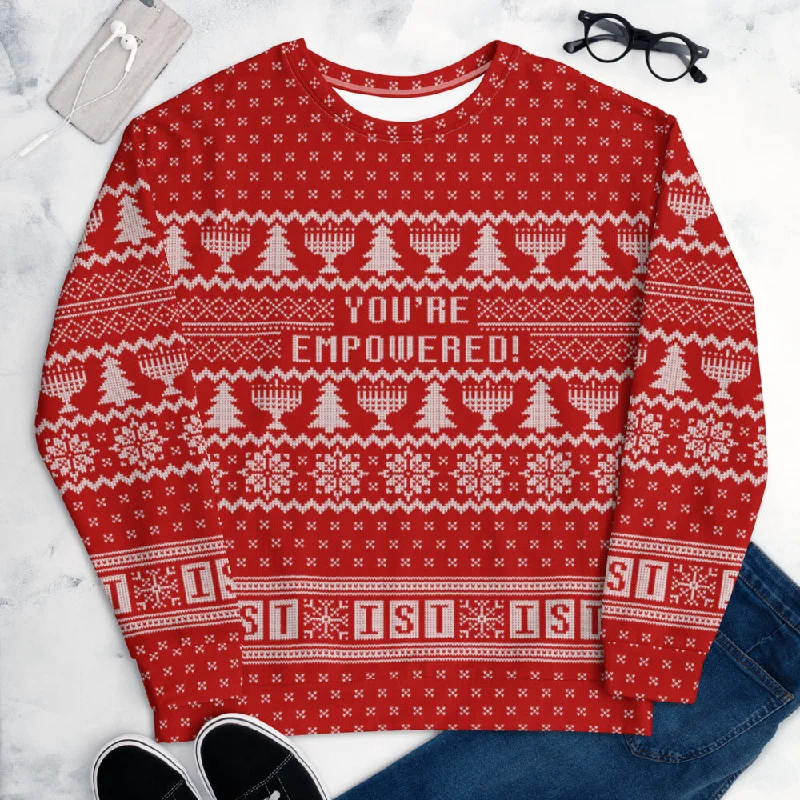 IST Ugly Holiday Unisex Sweatshirt RED Hoodie with Raw Hem Edgy Unfinished