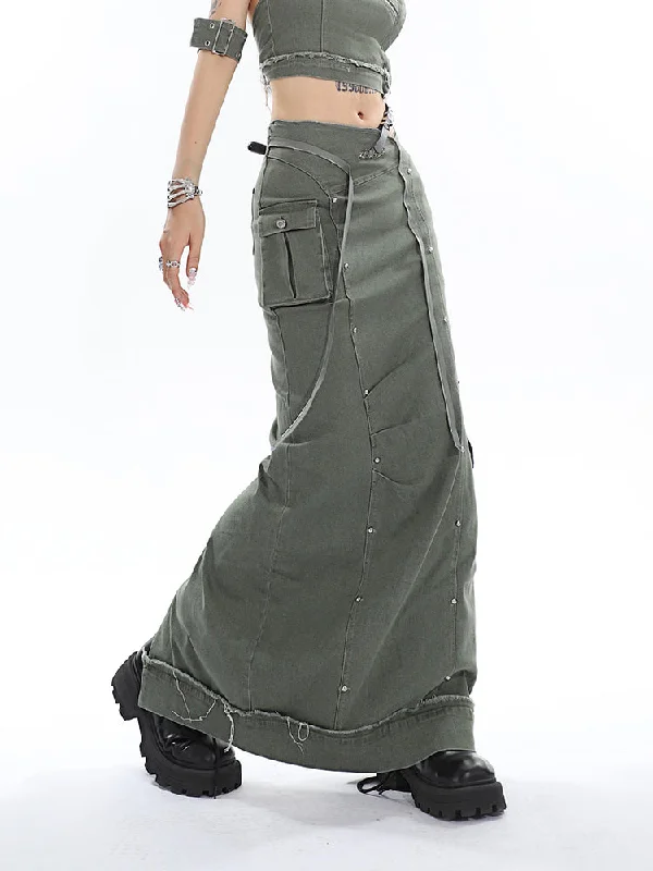Joy Solid Color Denim Patchwork Multi-Pocket High Waist Long Cargo Skirt chiffon skirt floaty Joy Solid Color Denim Patchwork Multi-Pocket High Waist Long Cargo Skirt chiffon skirt floaty