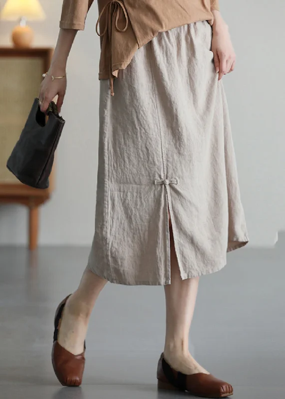 Khaki Pockets Patchwork Linen Skirt Elastic Waist Summer zip skirt side