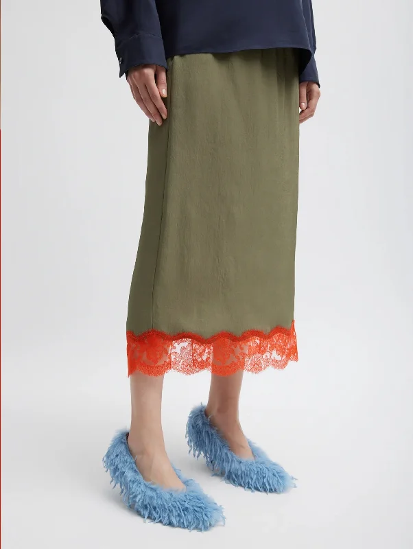 Lace Applique Slip Skirt in Olive Red Multi pencil skirt chic