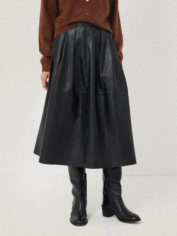 Leather Pleat Midi Skirt | Black lace skirt feminine