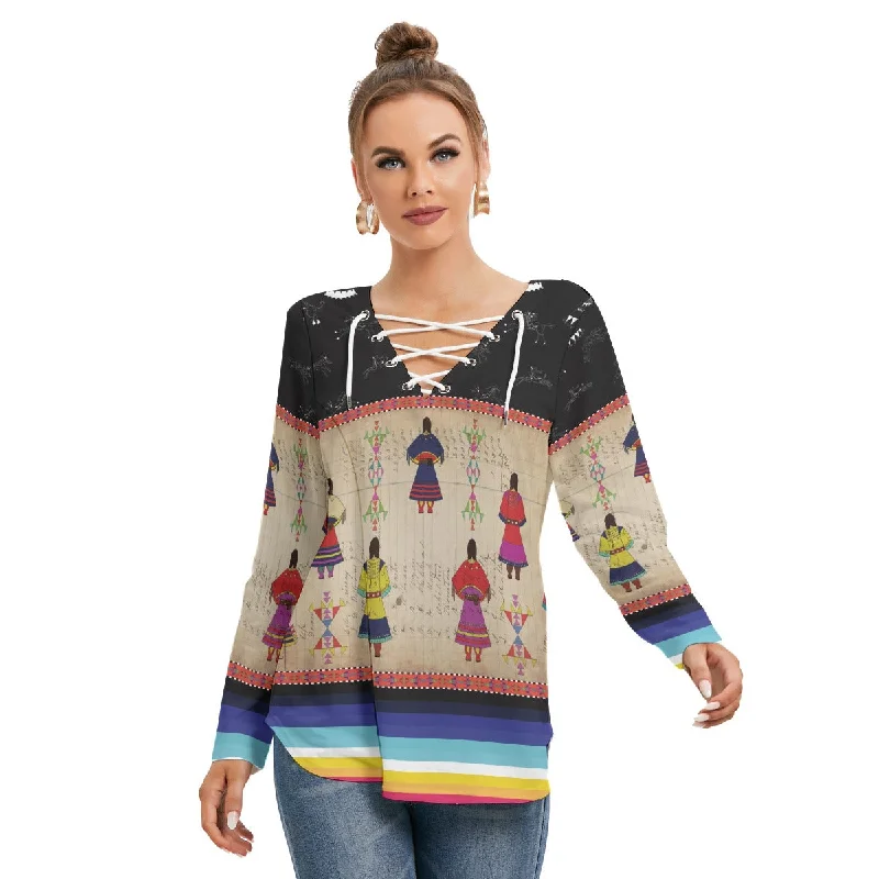 Ledger Round Dance Midnight Women's Long Sleeve Neckline Tie Sweatshirt Hoodie with Drawstring Waist Adjustable Fitted Ledger Round Dance Midnight Women's Long Sleeve Neckline Tie Sweatshirt Hoodie with Drawstring Waist Adjustable Fitted