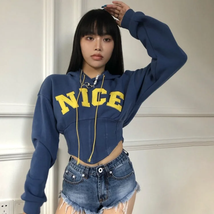 Letter Embroidered Waist Long-sleeved Hooded Sweatshirt (Color:Blue Size:L) Hoodie with Button Classic Timeless Letter Embroidered Waist Long-sleeved Hooded Sweatshirt (Color:Blue Size:L) Hoodie with Button Classic Timeless
