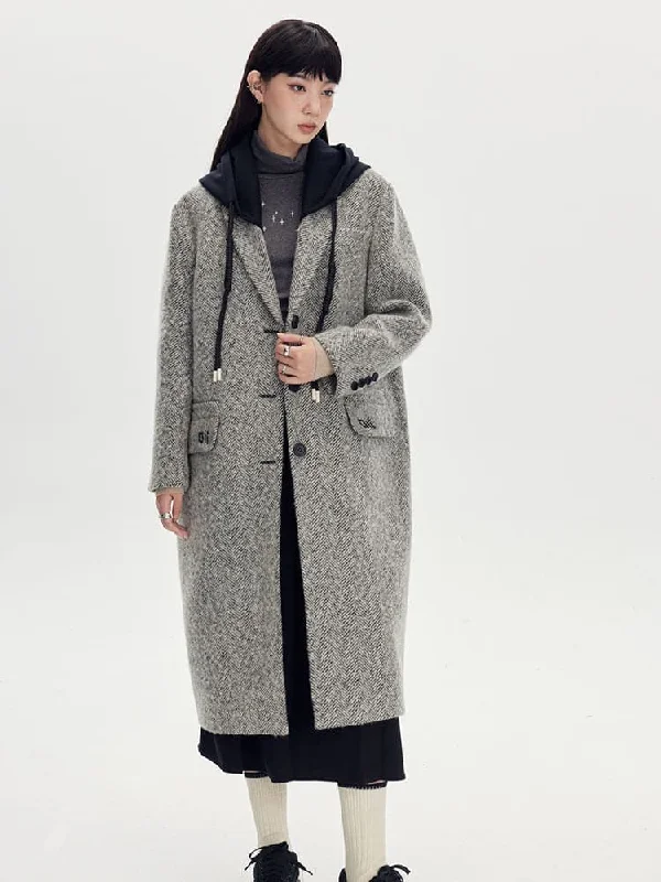 Long Wool Coat With Bi-Color Hoodie Hoodie with Slit Hem Functional Movement
