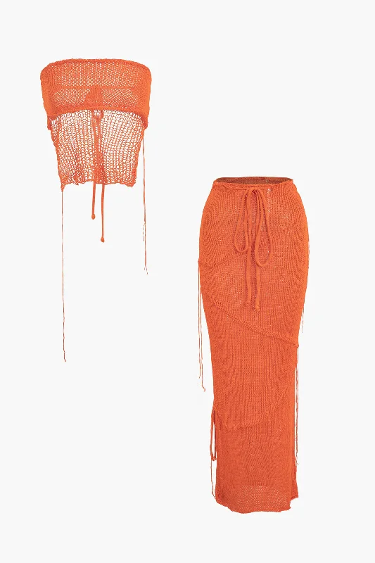 Crochet Backless Tube Top And Split Skirt Set corduroy skirt cozy