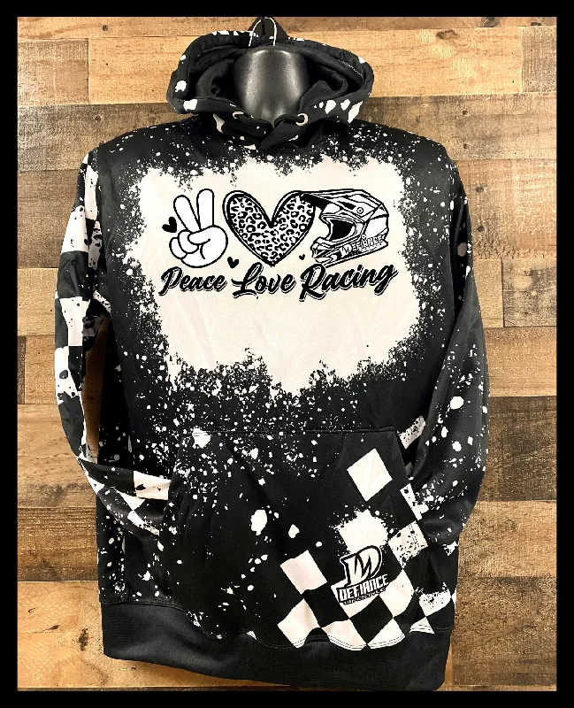 Race Hooded Sweatshirt - peace love Racing - Bleached/BLACK Hoodie with Hem Elastic Stretchable Comfortable Race Hooded Sweatshirt - peace love Racing - Bleached/BLACK Hoodie with Hem Elastic Stretchable Comfortable