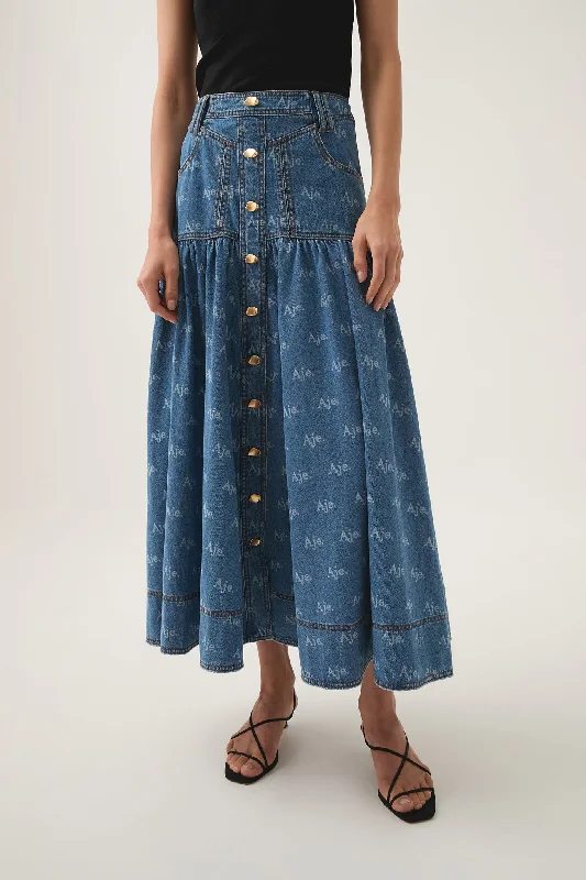 Ratio Logo Denim Midi Skirt velvet skirt glossy
