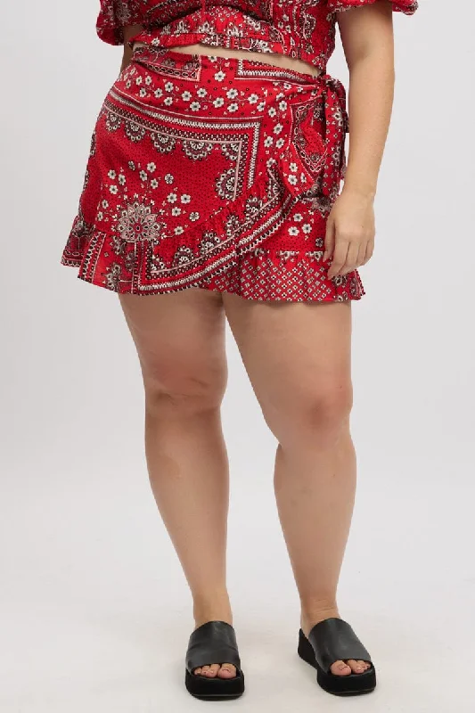 Red Boho Frill Wrap Mini Skirt lace skirt intricate