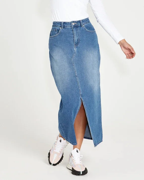 Sass Emerald Denim Maxi Skirt leather skirt refined