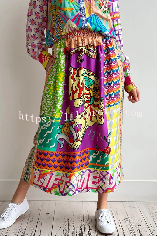 Boho Chic Satin Colorful Unique Print Elastic Waist Pocket Vacation Midi Skirt leather skirt modern