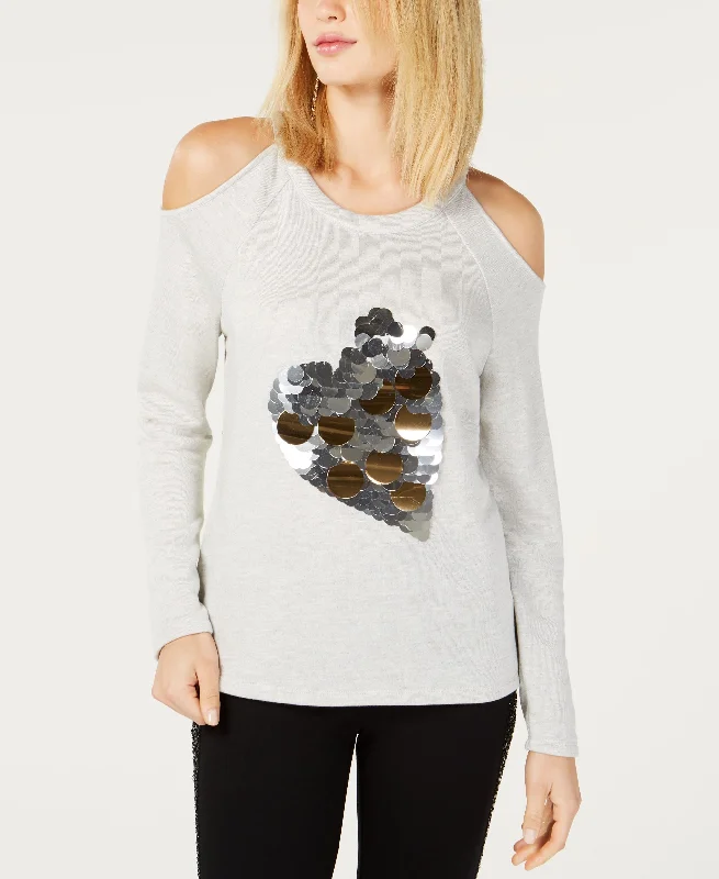 Sequin Heart Cold Shoulder Sweatshirt Hoodie with Neon Bright Vibrant