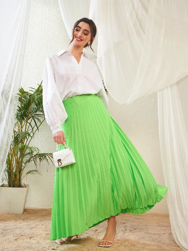 Women Green Satin Accordion Pleated Maxi Skirt denim skirt trendy