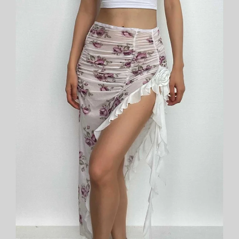 Sheer mesh see through flower print ruched slit midi skirt leather skirt bold