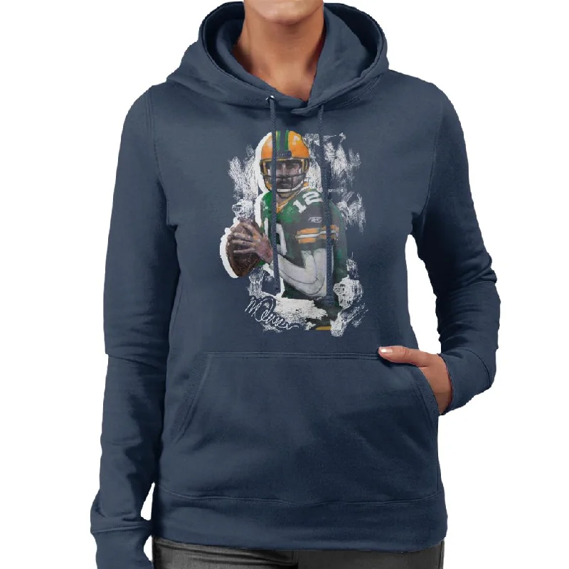 Sidney Maurer Original Portrait Of Aaron Rodgers Women's Hooded Sweatshirt Hoodie with Hem Frayed Vintage Worn Sidney Maurer Original Portrait Of Aaron Rodgers Women's Hooded Sweatshirt Hoodie with Hem Frayed Vintage Worn