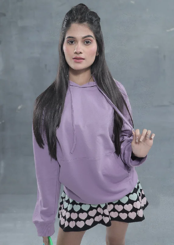 Solid Women Drop Shoulder Loose Fit Hoodie | Lilac | Pronk Hoodie with Hem Frayed Vintage Worn