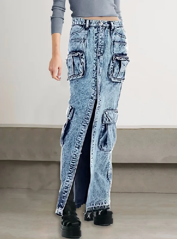 High Waist Stitching Pocket Long Skirt button skirt front