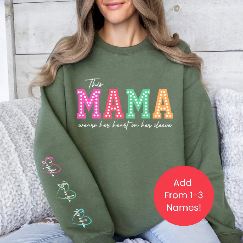This Mama Wears Her Heart Personalised Sleeve Sweatshirt Hoodie with Contrast Stitching Detailed Premium This Mama Wears Her Heart Personalised Sleeve Sweatshirt Hoodie with Contrast Stitching Detailed Premium