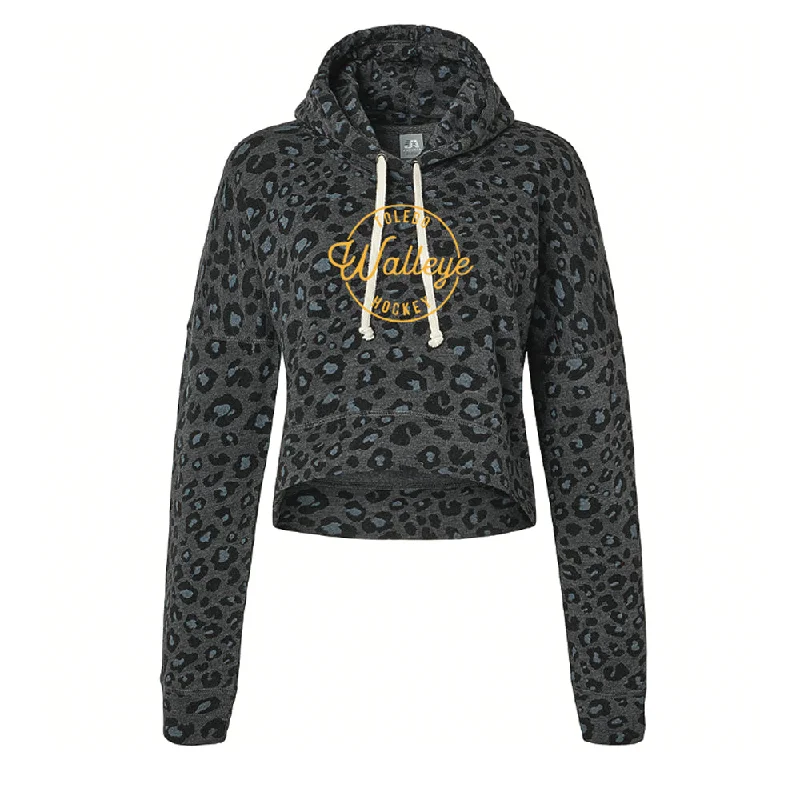 Toledo Walleye Ladies Black Leopard Cropped Hoodie Hoodie with V-Neck Classic Versatile Toledo Walleye Ladies Black Leopard Cropped Hoodie Hoodie with V-Neck Classic Versatile