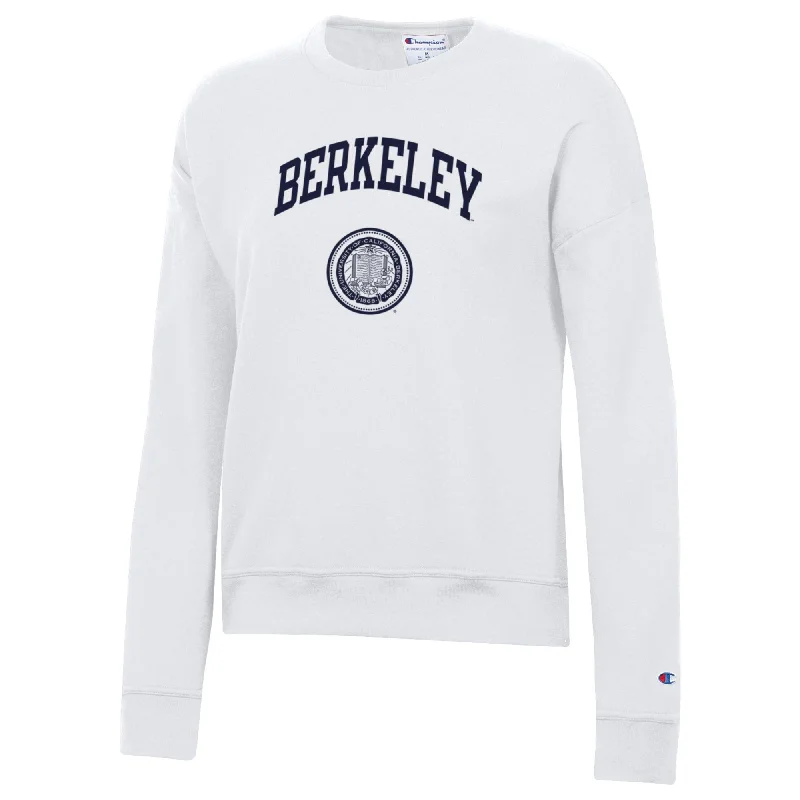 U.C. Berkeley arch & seal women's Champion crew-Neck sweatshirt-White Hoodie with Sequins Glamorous Eye-catching U.C. Berkeley arch & seal women's Champion crew-Neck sweatshirt-White Hoodie with Sequins Glamorous Eye-catching