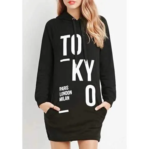 Casual Hooded Letter Print Long Sleeve Long Hoodie For Women - Black M Hoodie with Tied Waist Feminine Flattering Casual Hooded Letter Print Long Sleeve Long Hoodie For Women - Black M Hoodie with Tied Waist Feminine Flattering