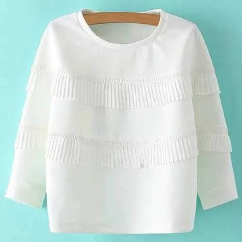 Sweet Round Neck Ruffles 3/4 Sleeve Sweatshirt For Women - White S Hoodie with Gradient Ombre Colorful Sweet Round Neck Ruffles 3/4 Sleeve Sweatshirt For Women - White S Hoodie with Gradient Ombre Colorful