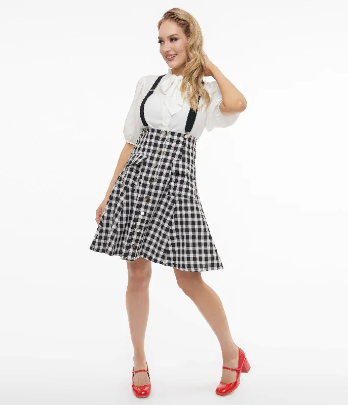 Unique Vintage 1950s Black & White Gingham Suspender Flare Skirt ruffled skirt detail Unique Vintage 1950s Black & White Gingham Suspender Flare Skirt ruffled skirt detail
