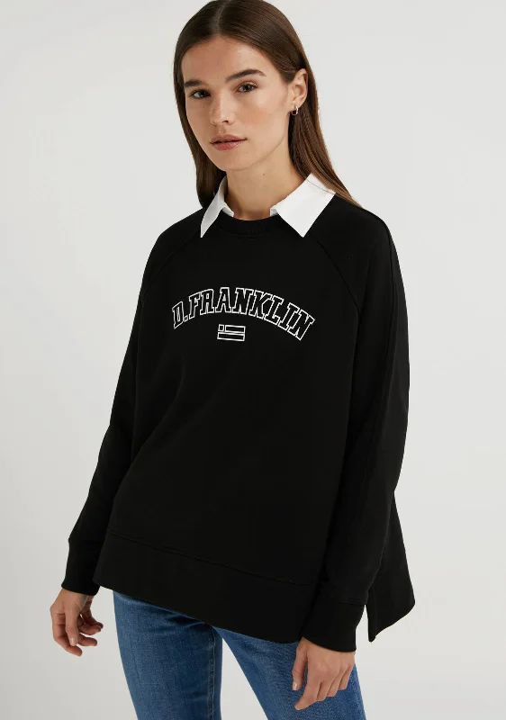 Varsity Oversized Crew Neck Sweatshirt Black / White Hoodie with Stripes Bold Sporty Varsity Oversized Crew Neck Sweatshirt Black / White Hoodie with Stripes Bold Sporty