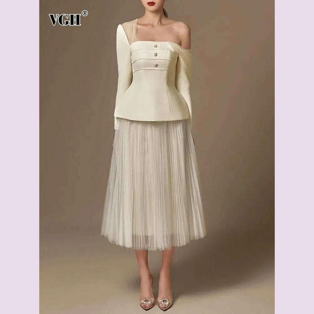 VGH solid two piece set for women Diagonal collar long sleeve spliced button top high waist a line skirt temperament sets female velvet skirt sumptuous